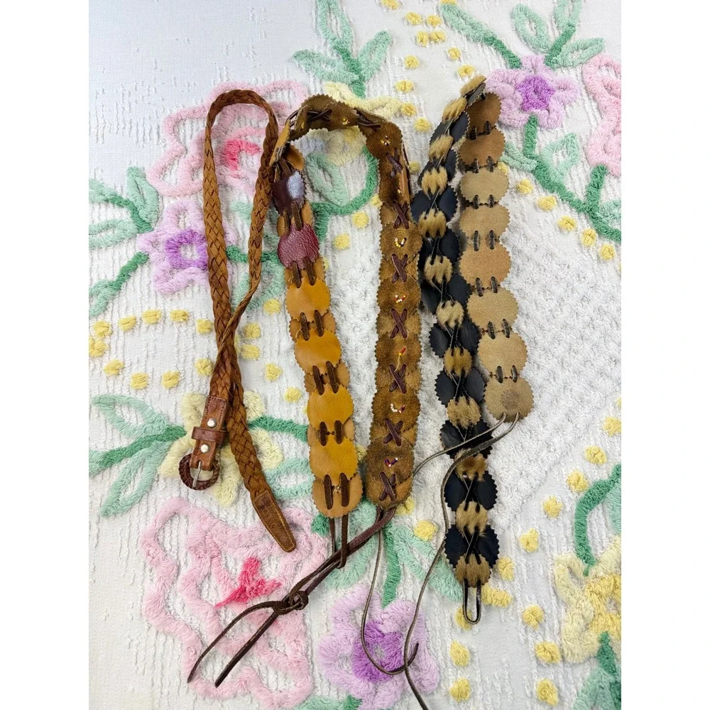 Boho 60 s Leather‎ Beaded Fur Belt Set 3 Women's Western Hippie Accessories